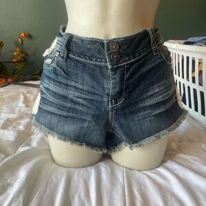Vintage Hot Kiss Dark Blue Jean Shorts with Frayed Hem and Crotched Detail